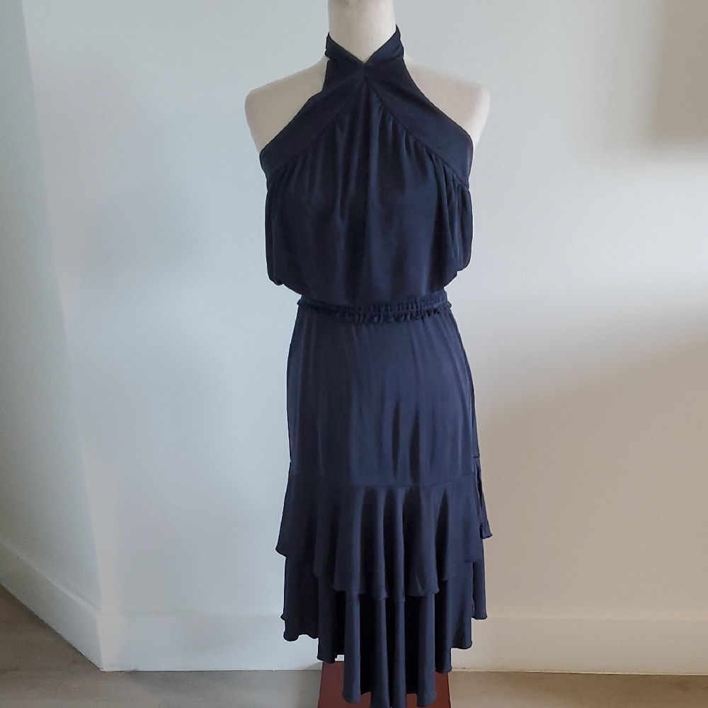 Tiffany Koury designer 💯% silk Navy Halter Dress with tiers. Size small EUC